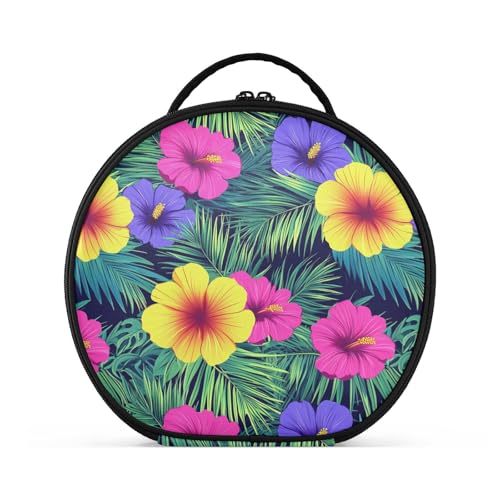 Kosmetiktasche mit Fächern und Griff, Motiv: hawaiianische Blumen, Palmenblätter, leuchtende Neonfarben, leichte Kosmetiktasche für Damen, mit verstellbaren Trennwänden, 27,9 cm von tplaotee