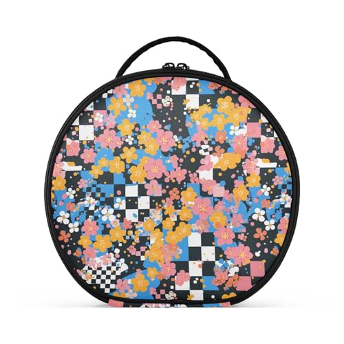 Kosmetiktasche mit bunten Blumen, schwarz, kariert, vertikal, freistehend, große Kosmetiktasche für Damen, mit verstellbaren Trennwänden, 27,9 cm von tplaotee