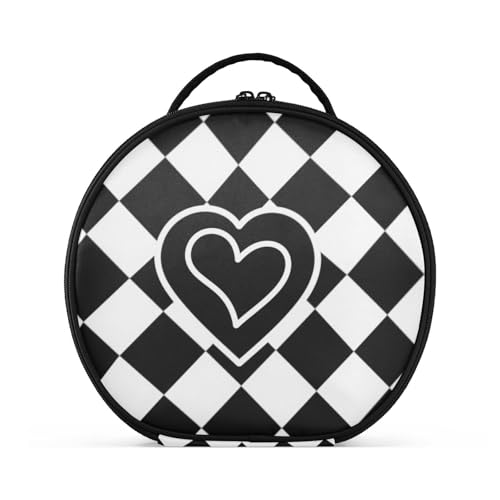 Kosmetiktasche mit rautenförmigem Herz, Reisegröße, Zubehör, wasserdichte Kulturtasche für Damen, mit verstellbaren Trennwänden, 27,9 cm, Weiß und Schwarz von tplaotee