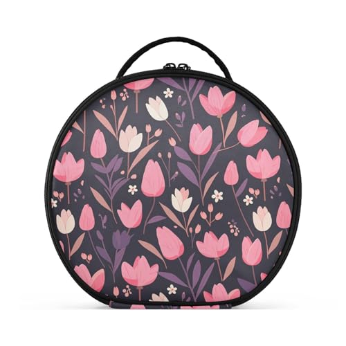 Kosmetiktasche mit rosa Blumen und lila Blättern, flache Illustrationsstil, vertikal, freistehend, stilvolle Kosmetiktasche für Damen, mit verstellbaren Trennwänden, 27,9 cm von tplaotee