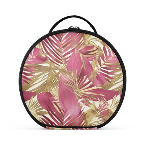 Kosmetiktasche mit tropischen Blättern, mit Fächern und Griff, Reißverschluss, Kulturbeutel für Damen, mit verstellbaren Trennwänden, 27,9 cm, Rosa / Gold von tplaotee