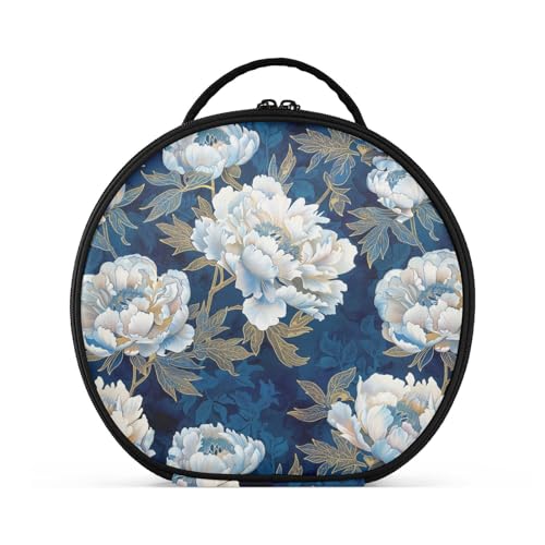 Kosmetiktasche mit weißen Pfingstrosen auf dunkelblauem Hintergrund, vertikal, freistehend, leicht, Kosmetiktasche für Damen, mit verstellbaren Trennwänden, 27,9 cm von tplaotee