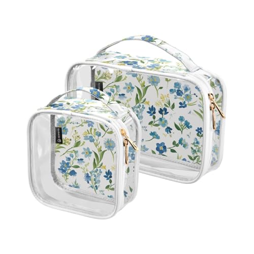 Kulturbeutel, transparent, dekorativ, TSA-geprüft, Aquarellfarben, Blumenmuster, grüne Blätter, transparent, Reise-Kosmetiktaschen für Damen, Flughafen, Fluggesellschaften, 2 Stück von tplaotee