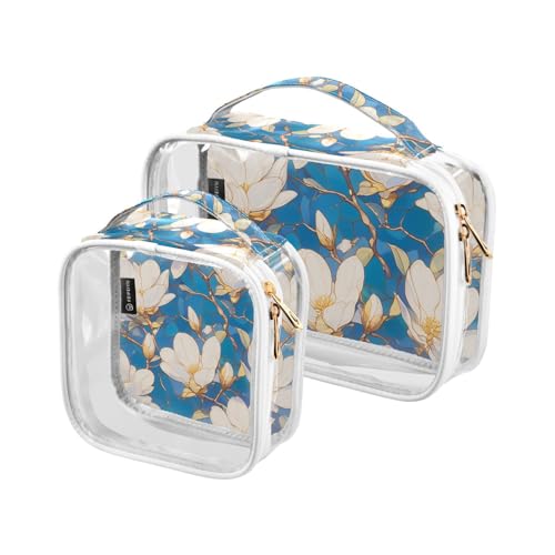 Kulturbeutel, transparent, dekorativ, TSA-geprüft, weiße Magnolien-Blumen, transparent, große Kosmetiktaschen für Damen, Flughafen, Fluggesellschaften, 2 Stück von tplaotee