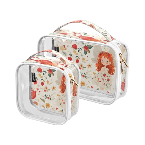 Kulturbeutel, transparent, dekorativ, TSA-zugelassen, Cartoon, Fee, Blumen, wasserdicht, große Kosmetiktaschen für Damen, Herren, Rasierset, 2 Stück von tplaotee