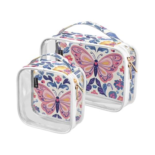 Kulturbeutel, transparent, dekorativ, groß, TSA-geprüft, Pastellfarben, Schmetterling und Blume, bunt, transparent, Kosmetiktaschen für Damen, Flughafen, Fluggesellschaften, 2 Stück von tplaotee