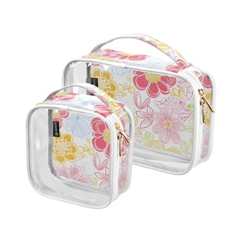Kulturbeutel, transparent, dekorativ, klein, TSA-genehmigt, frisch, frühling, schlichte, bunte Blumen, wiederverwendbar, Reise-Kosmetiktaschen für Damen, Flughafen, Fluggesellschaften, 2 Stück von tplaotee