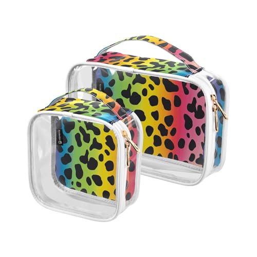 Kulturbeutel-Set, transparent, dekorativ, TSA-genehmigt, schick, Regenbogen-Leopardenmuster, tragbare Kosmetiktaschen für Damen, 2 Stück, maquillaje von tplaotee