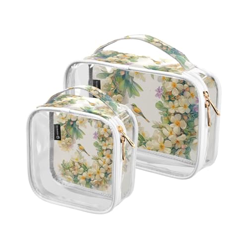 Kulturbeutel für Damen, transparent, dekorativ, groß, TSA-genehmigt, floralmorpher Buchstabe J, weißer Jasmineflowers, Aquarell, tragbare Make-up-Pinseltasche, Rasierset, 2 Stück von tplaotee