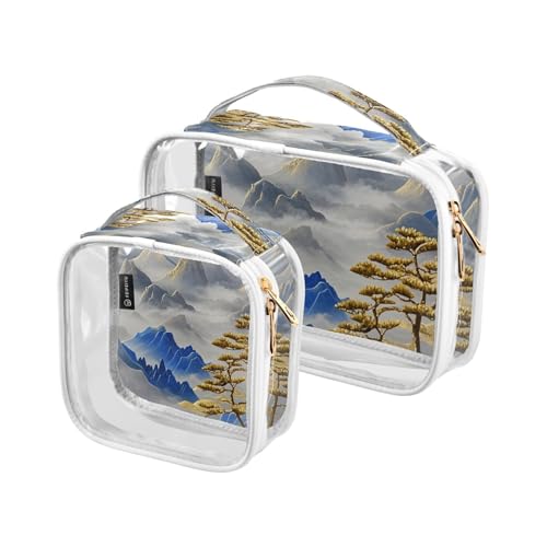 Kulturbeutel für Herren, transparent, dekorativ, TSA-geprüft, Blau und Gold, chinesische Landschaft, wiederverwendbar, Make-up-Organizer, Reisezubehör, 2 Stück Kulturbeutel für Herren, transparent, dekorativ, TSA-geprüft, Blau und Gold, chinesische Landschaft, wiederverwendbar, Make-up-Organizer, Reisezubehör, 2 Stück von tplaotee