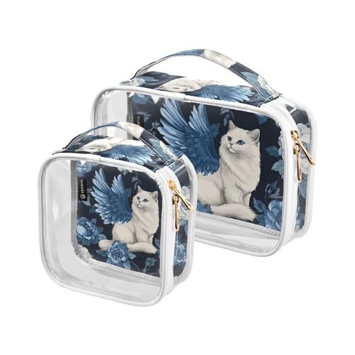 Kulturbeutel für Herren, transparent, dekorativ, TSA-geprüft, blaue Rose, geflügelte Katze, multifunktional, klein, Make-up-Tasche, Rasierutensilien, 2 Stück Kulturbeutel für Herren, transparent, dekorativ, TSA-geprüft, blaue Rose, geflügelte Katze, multifunktional, klein, Make-up-Tasche, Rasierutensilien, 2 Stück von tplaotee