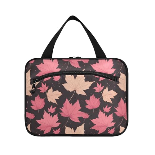 Kulturbeutel mit Haken, Motiv: Herbst-Ahornblätter, rosa und weiß, mit Haken, Designer-Make-up-Tasche für Damen, ein Muss für Reisen, Brochas, Maquillaje M, Rosa und weiße Herbst-Ahornblätter, Medium von tplaotee