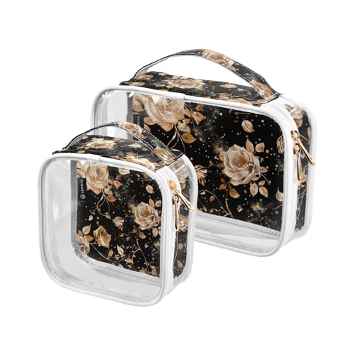 Kulturbeutel zum Aufhängen, transparent, TSA-genehmigt, Vintage-Stil, Rotgold, Blumenmuster, schwarzer Hintergrund, transparente Kosmetiktaschen für Damen, 2 Stück von tplaotee