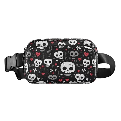Lustige Umhängetasche mit Totenkopf-Herz, schwarz, modische Umhängetasche, Hüfttasche für Damen, Herren, Teenager, Mini-Umhängetasche mit verstellbarem Riemen für Workout, Laufen, Wandern von tplaotee