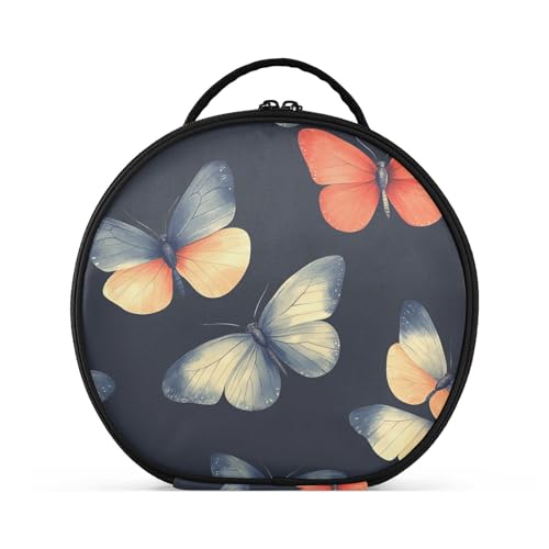 Make-up-Tasche mit Fächern und Griff, Kosmetiktasche für Damen, mit verstellbaren Trennwänden, 27,9 cm, Korallenbeige mit Schmetterlingen, Dunkelblau von tplaotee