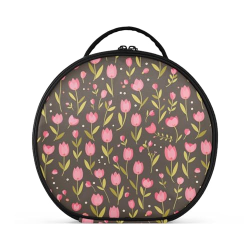 Make-up-Tasche mit Fächern und Griff, stilvolle Reisetaschen für Damen, mit verstellbaren Trennwänden, 27,9 cm, Rosa Tulpe mit grünen Blättern von tplaotee