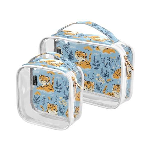 Maquillaje Kulturbeutel für Damen, transparent, dekorativ, groß, TSA-genehmigt, Cartoon, niedliche gelbe Tiger, transparent, Reise-Make-up-Tasche, 2 Stück von tplaotee