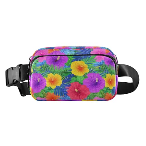 Mini-Gürteltasche im hawaiianischen Stil, tropische Blumen, Palmenblätter, leuchtende Neonfarben, trendige Hüfttasche für Damen, Herren, Teenager, Mini-Gürteltasche, Reisebrieftasche mit verstellbarem von tplaotee