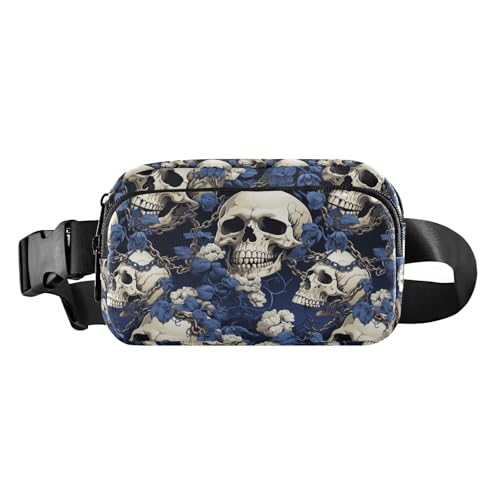 Mini-Gürteltasche mit blauen Blumen und Totenköpfen, Hippie, modische Bauchtasche für Damen, Herren, Teenager, Reise-Geldbörse mit verstellbarem Riemen für Workout, Laufen, Wandern von tplaotee