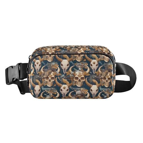 Modische Bauchtasche für Damen und Herren, Motiv: Cowboy, Stier, Totenkopf, wasserdicht, Reisezubehör mit verstellbarem Gurt, für Reisen, Laufen, Wandern, Blau und Gold von tplaotee