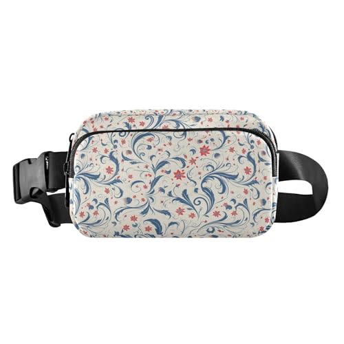 Modische Bauchtasche mit blauem Blättermuster und rotem Blumenmuster, für Damen, Herren, Teenager, Mini-Crossbody-Pass-Tasche mit verstellbarem Gurt, für Workout, Laufen, Wandern von tplaotee