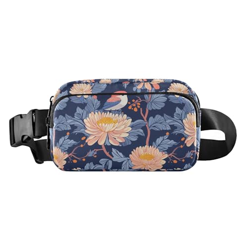 Modische Gürteltasche mit Cartoon-Motiv und wilder Chrysanthemen und Vögel, blau, für Damen und Herren, Mehrzweck-Laufgürteltasche, Hüfttasche mit verstellbarem Riemen für Workout, Laufen, Wandern von tplaotee
