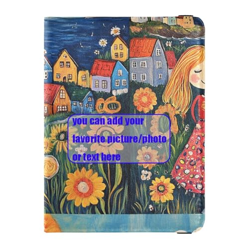 Naive Art Reisepasshülle aus Leder, Motiv: fröhliche stilvolle Frau mit Blume, personalisierbar, Reisedokumente, Brieftasche, Reisepasshülle mit RFID-Blockierung, ultradünn, Naive Kunstmalerei von tplaotee