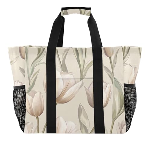 Nature Tulipa Flower Beige Utility Tote Reusable Shopping Bag Foldable Beach Totes Bags Water Resistant Canvas Travel Laundry Bag von tplaotee