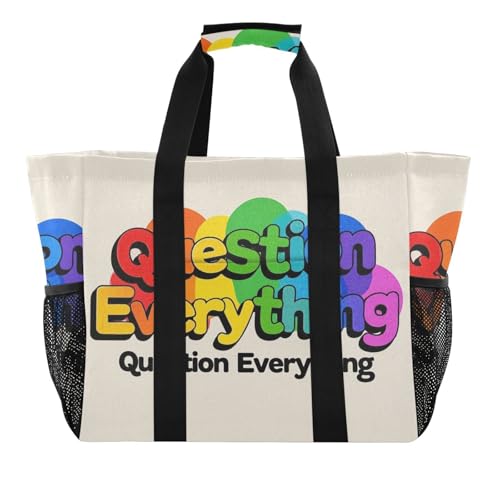 Question Everything Tragetasche, wiederverwendbare Einkaufstasche, faltbar, Strandtasche mit Fächern, Leinen-Wäschesack von tplaotee
