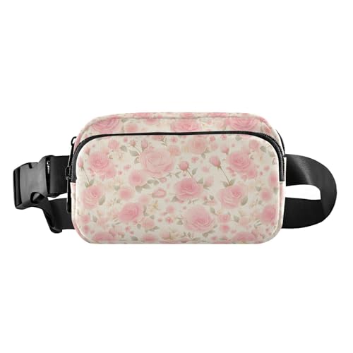 Romantische Umhängetasche mit rosa Rosen und Blumen, für Herren und Damen, Mehrzweck-Bauchtasche mit Reißverschluss und verstellbarem Riemen für Einkaufen, Sport, Arbeit von tplaotee