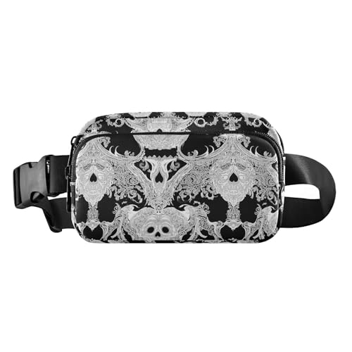 Schwarze Totenköpfe, einfache Boho-Umhängetasche, Hüfttasche für Damen und Herren, wasserabweisend, Reisezubehör, mit verstellbarem Gurt, für Radfahren, Wandern, Fitnessstudio von tplaotee