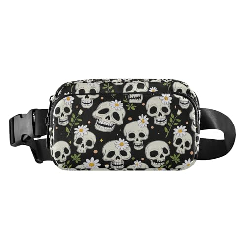Schwarze Umhängetasche mit Gänseblümchen und Totenkopf, stilvolle Umhängetasche für Damen und Herren, kleine Schultertasche, Reisezubehör, mit verstellbarem Gurt, für Einkaufen, Sport, Arbeit von tplaotee