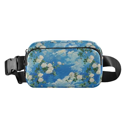 Stilvolle Gürteltasche mit weißen Rosen und weißen Wolken im Himmel, für Damen und Herren, große Kapazität, Umhängetasche mit verstellbarem Gurt, für Radfahren, Wandern, Fitnessstudio von tplaotee