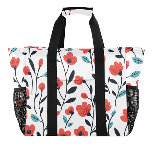 Tragetasche aus Segeltuch mit roten Blumen und schwarzen Blättern, Retro-Cartoon-Motiv, Einkaufstasche, faltbar, Strandtasche mit Fächern von tplaotee