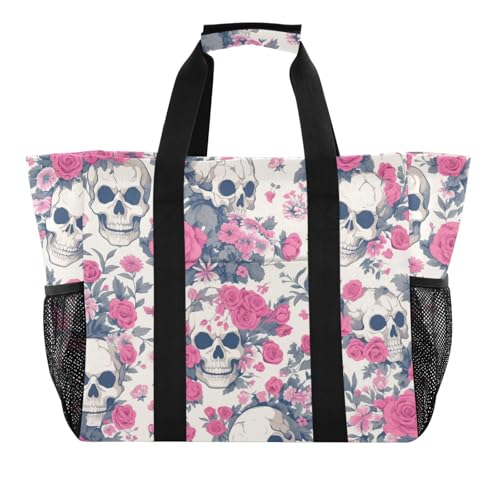 Tragetasche für Damen, Motiv: Totenkopf in Weiß und Pfirsich, wiederverwendbar, zusammenklappbar, Strandtasche, sanddicht, Leinen, Wäschesack von tplaotee