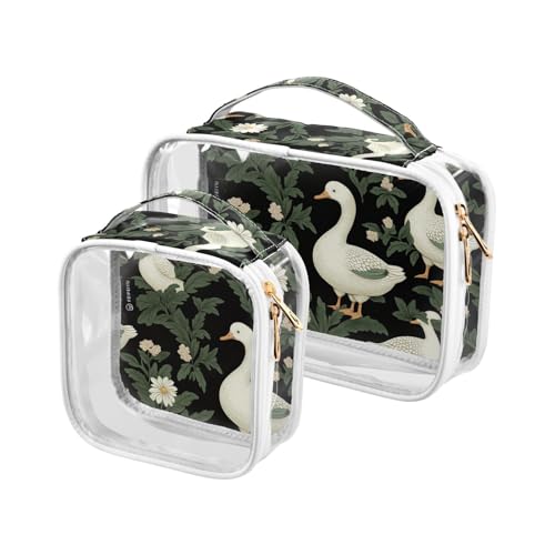 Transparente dekorative Kulturbeutel für Reisen, TSA-geprüft, weiße Entengrüne Blätter, Cartoon, transparente Kosmetik-Reisetaschen für Damen, Flughafen, Fluggesellschaften, 2 Stück von tplaotee