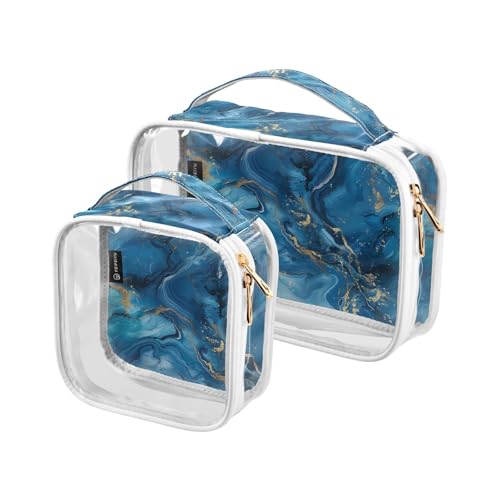 Transparente dekorative Make-up-Taschen für Damen, TSA-geprüft, blau-vergoldeter Marmor, wasserabweisend, große Kosmetiktasche, Rasierutensilien, 2 Stück von tplaotee