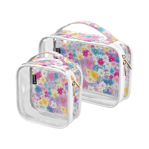 Transparente dekorative Make-up- und Kulturbeutel, TSA-zugelassen, bunte Blumen, wiederverwendbare Kosmetiktaschen für Damen, Reise-Set, Flughafen, Fluggesellschaften, 2 Stück von tplaotee