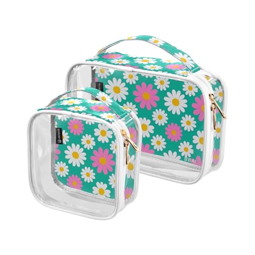 Transparente dekorative Reise-Kulturbeutel, TSA-genehmigt, hübsches Gänseblümchen-Blumenmuster, Pfirsichweiß, transparente Kosmetiktaschen für Damen, Reisezubehör, 2 Stück von tplaotee