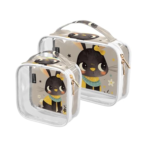 Transparente dekorative Reisetasche, Kulturbeutel, TSA-genehmigt, niedliches Cartoon, schwarzes Kaninchen, wasserdicht, große Kosmetiktaschen für Damen, Flughafen, Fluggesellschaften, 2 Stück von tplaotee