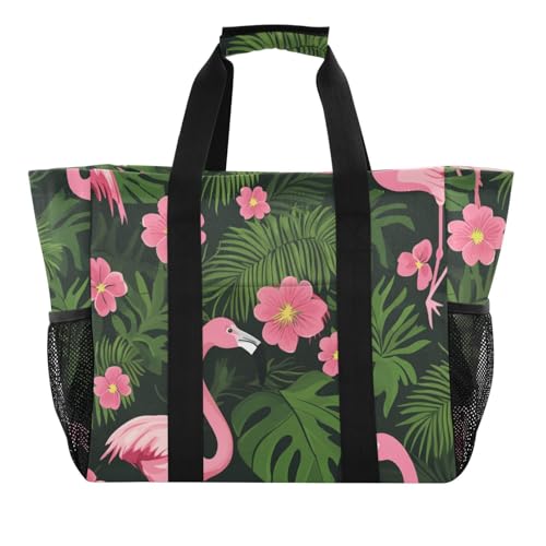 Tropische Flamingos Palmenblätter Blumen Lebendiges Rosa Große Mehrzweck-Tragetasche, wiederverwendbare Einkaufstasche, faltbar, Strandtasche, wasserdicht, Segeltuch, Auto-Tragetasche von tplaotee