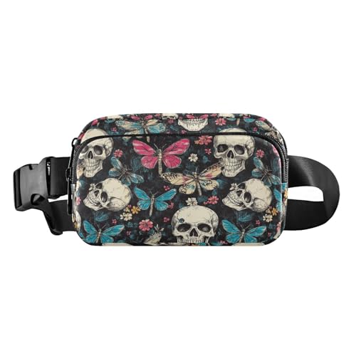 Umhängetasche mit Totenköpfen, Retro-Blumen, Schmetterling, modische Umhängetasche, Hüfttasche für Damen und Herren, wasserabweisend, mit verstellbarem Riemen für Reisen, Urlaub, Laufen von tplaotee