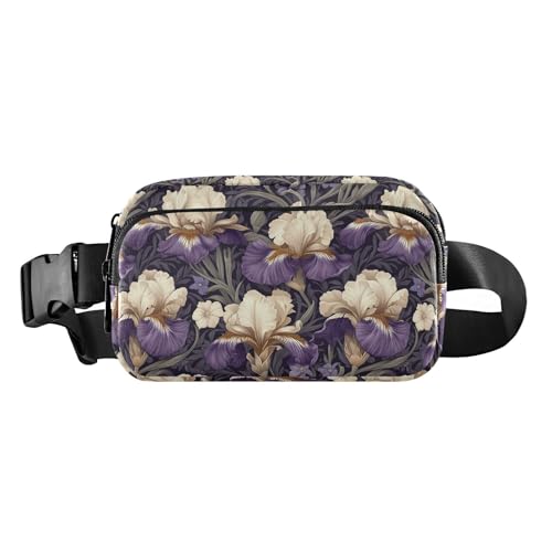 Vintage lila und weiße Iris Blumen niedliche Umhängetasche Hüfttasche für Damen Herren Teenager wasserdichte Bauchtasche mit verstellbarem Gurt für Einkaufen Sport Arbeit von tplaotee