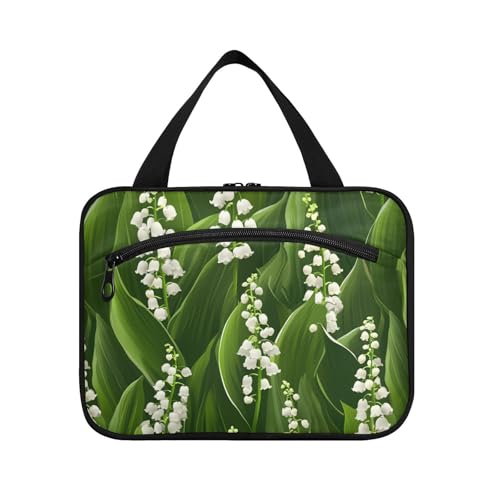 Weiße Maiglöckchen-Blumen grüne Blätter hängende Reise-Kulturbeutel für Frauen mit Haken, Designer-Tasche für Rasierset für Männer für Accessoires, ein Muss für Fitnessstudio, Maleta Para Maquillaje M von tplaotee