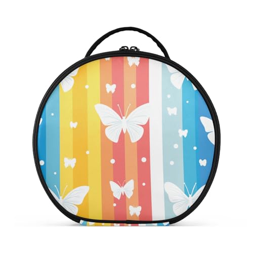 Weiße Schmetterlinge und Streifen, Reisetasche mit Fächern und Griff, tragbare Kosmetiktasche für Damen, mit verstellbaren Trennwänden, 27,9 cm von tplaotee