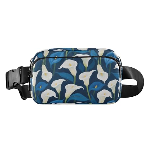 Weiße und blaue Calla-Lilien, modische Bauchtasche für Männer und Frauen, kleine Bauchtasche mit verstellbarem Gurt für Reisen, Urlaub, Laufen von tplaotee