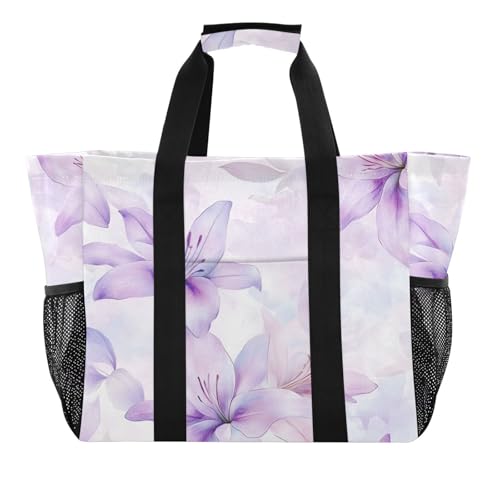 Wiederverwendbare Aufbewahrungstaschen für Lebensmittel, faltbar, Strandtasche, wasserabweisend, mit Griffen, für Reisen, Motiv: Lilienblüten, Hellviolett von tplaotee