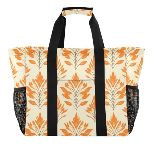 Wiederverwendbare Einkaufstasche, faltbar, Strandtasche mit Taschen, mit Griffen, für Reisen, Motiv: Indien, Schilfmuster, Orange von tplaotee