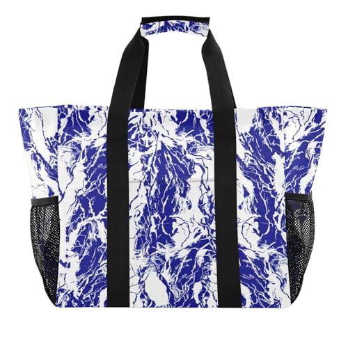 Wiederverwendbare Einkaufstasche mit Marmormuster, zusammenklappbar, Strandtasche mit Taschen und Griffen, Blau und Weiß von tplaotee