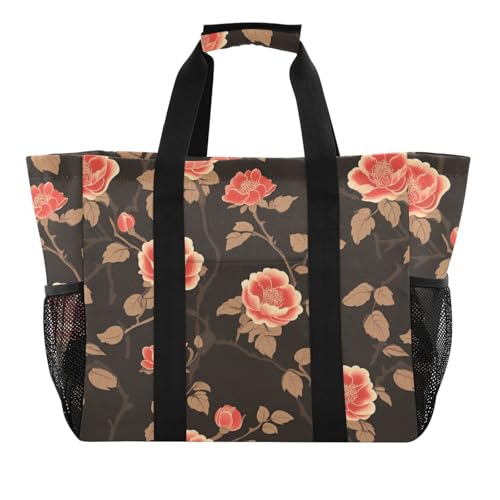 Wiederverwendbare Einkaufstasche mit Pfingstrosen, Vintage-Stil, rotbraun, faltbar, Strandtasche mit Taschen, Leinen-Wäschesäcke von tplaotee